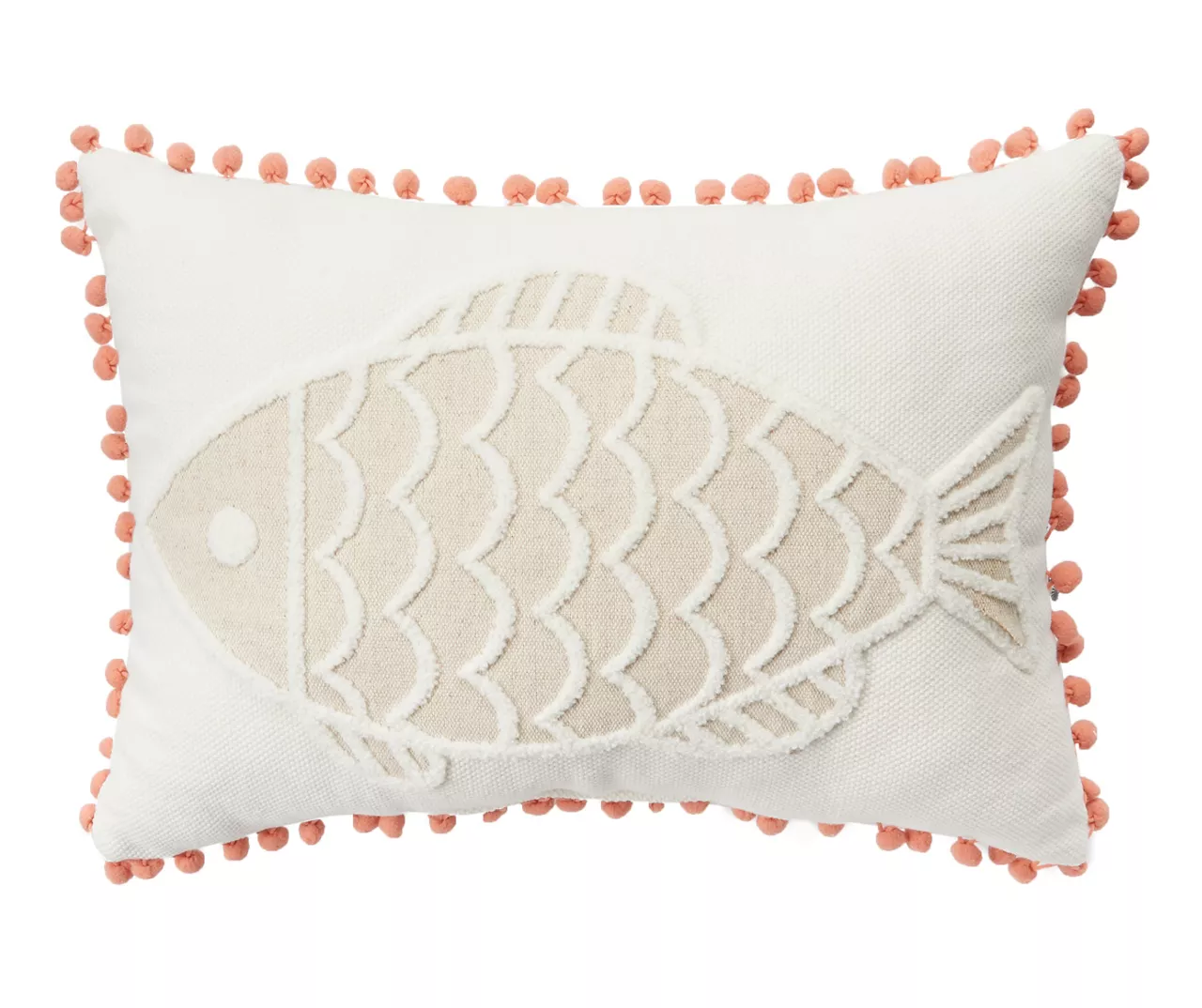 Tan & White Fish Throw Pillow With Pom-Pom Trim