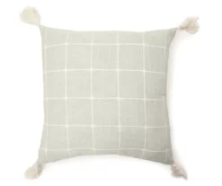 Sage Green & White Windowpane Grid Tassel-Accent Square Throw Pillow