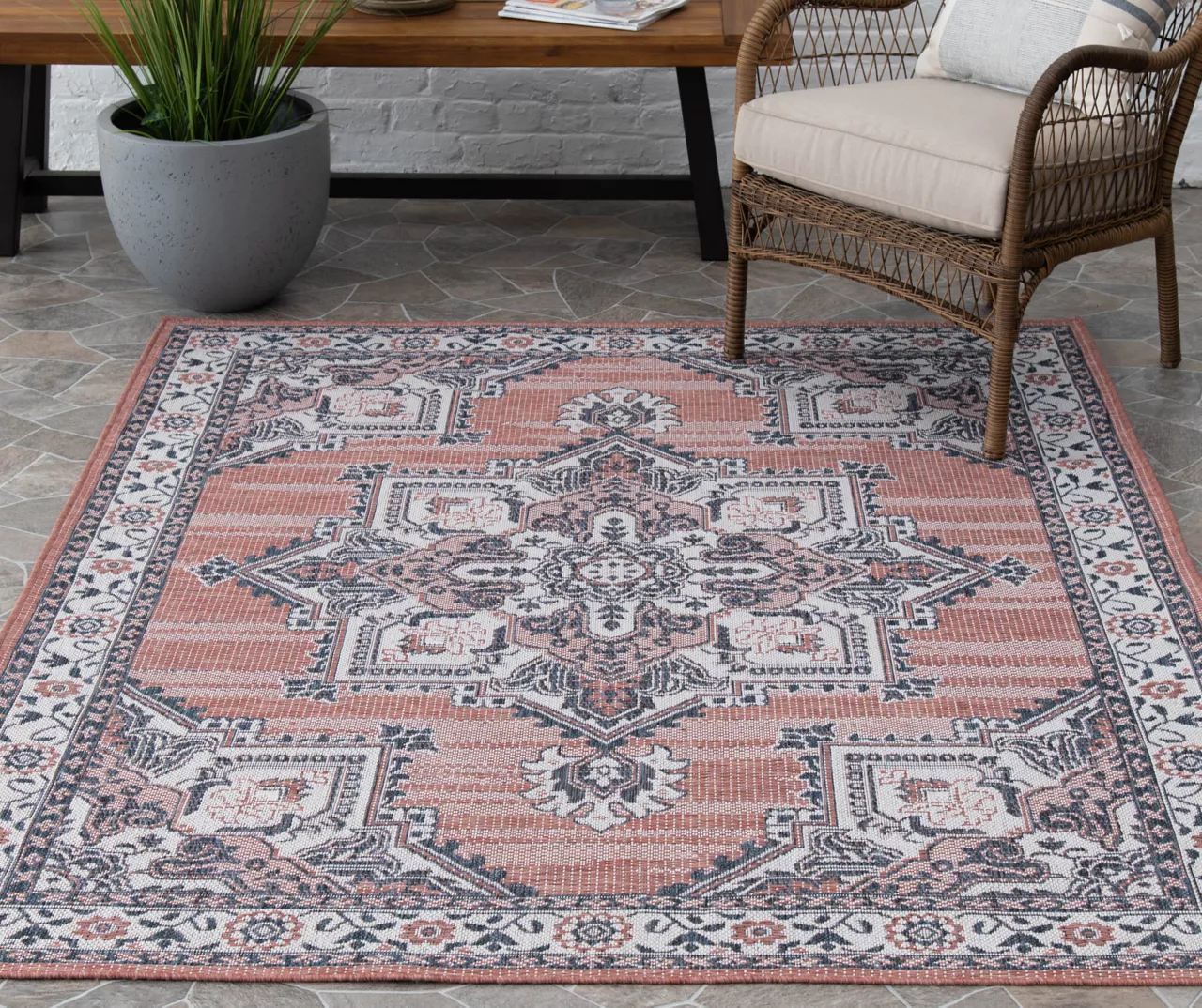Braiden Orange & Navy Floral Medallion Outdoor Area Rug, (8' X 10') - Image 2