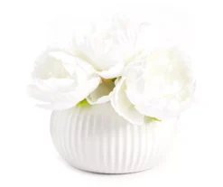 White Artificial Peony Arrangement In White Ridged Ceramic Pot