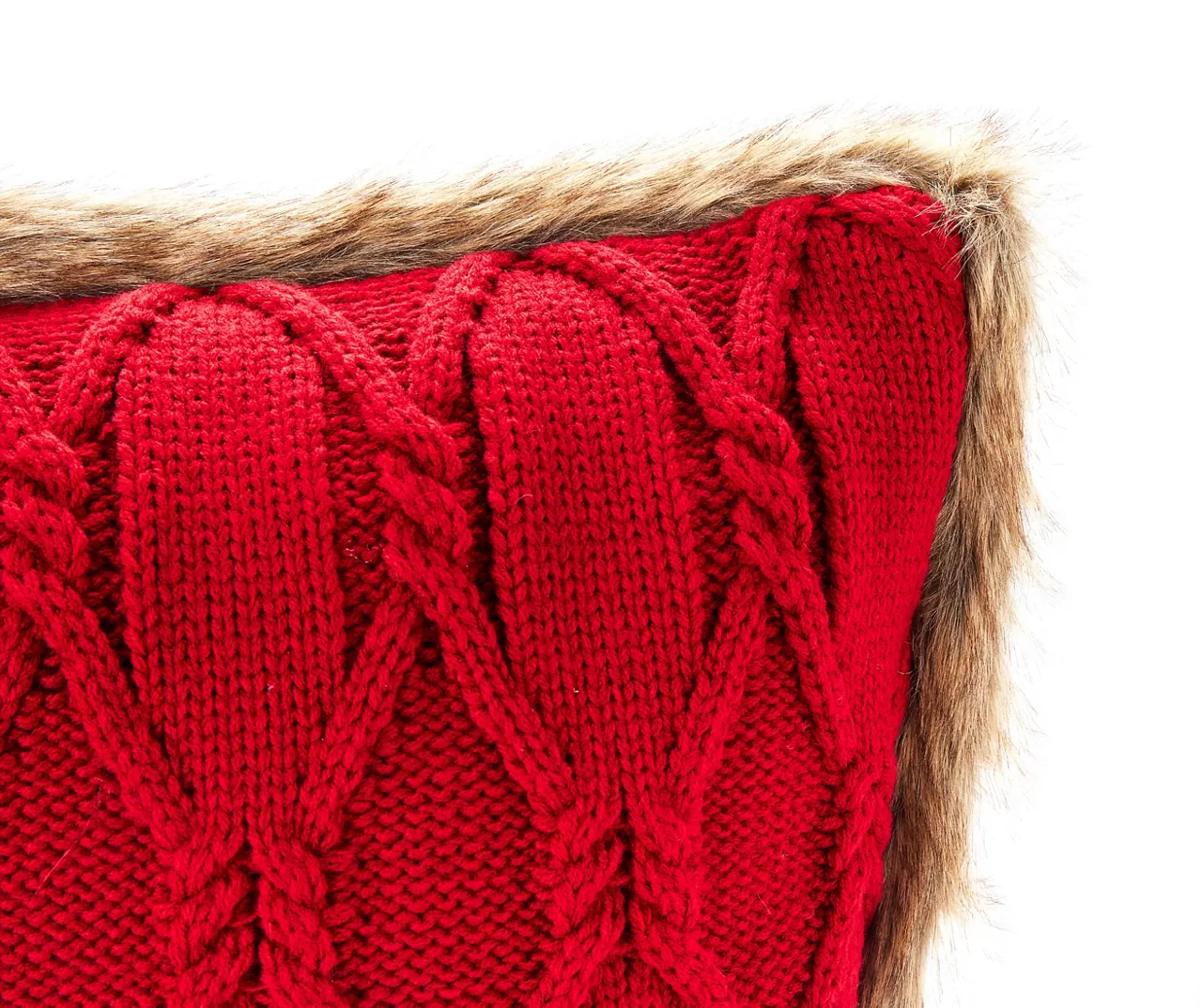 Red Cable-Knit Faux Fur-Trim Throw Pillow - Image 3